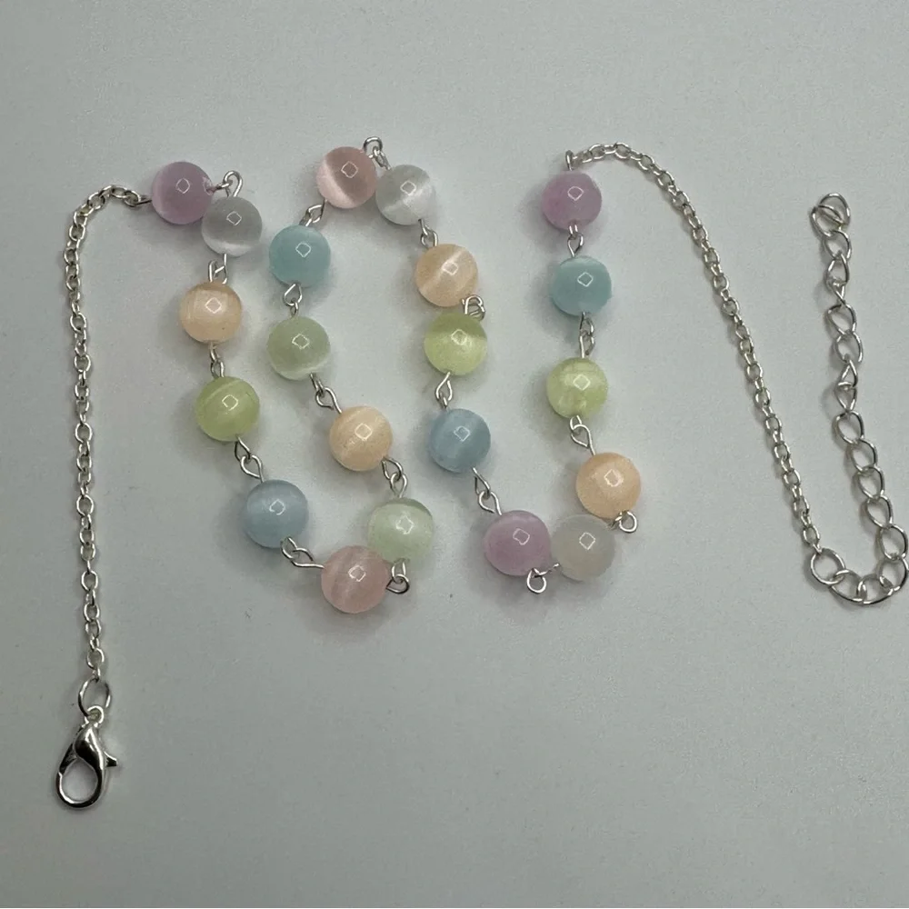 New Selenite Bead Necklace Pastel Multicolor Silver Tone Chain